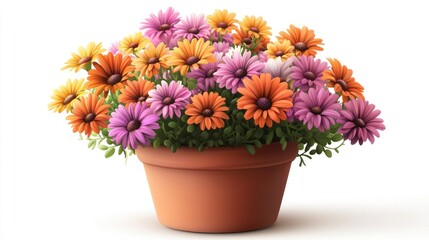 Colorful flowers in terracotta pot.