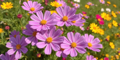 Fototapeta premium Cosmos flowers blooming vibrantly in a summer garden, sunlight, beauty