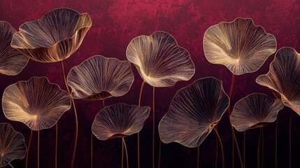 Richly detailed gold line lotus leaves set against a deep burgundy backdrop 