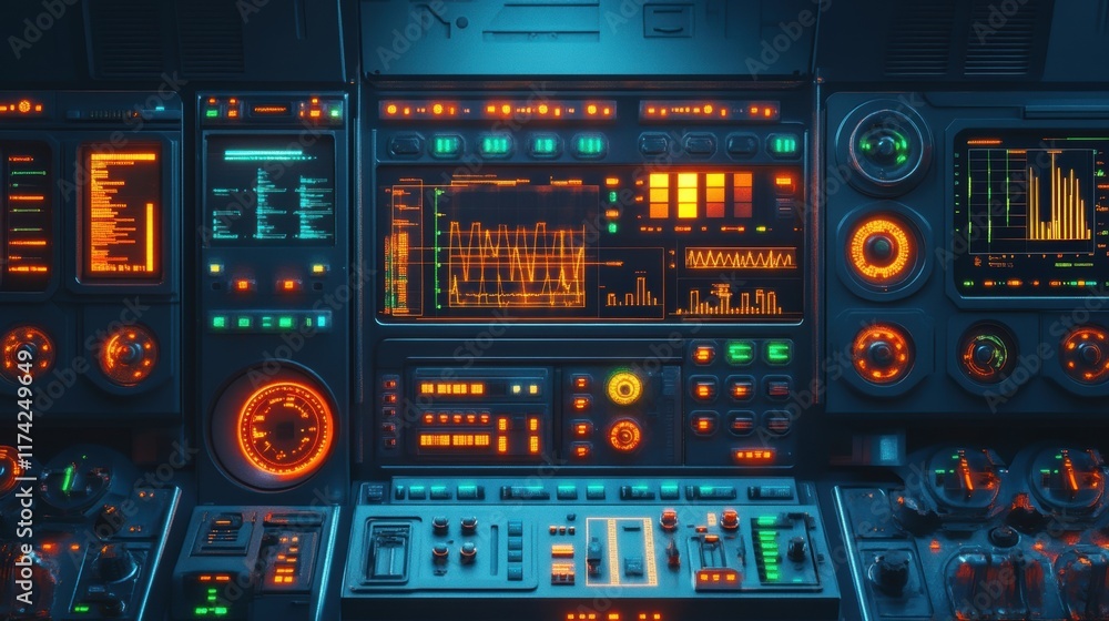 Poster complex control panel featuring vibrant orange and teal lights, displaying charts and graphs, creati
