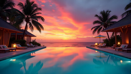 sunset view from a high end resort featuring an infinity pool