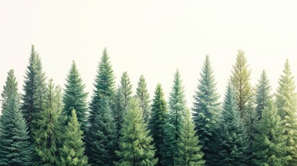 Misty evergreen forest against a light background. Ideal for nature-themed designs, website banners, or as a calming backdrop.