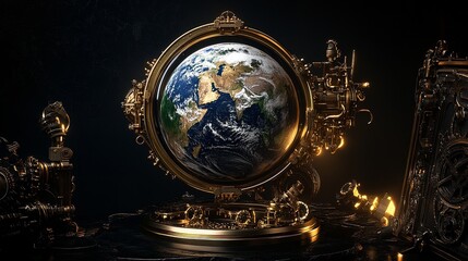 Steampunk Earth in Brass Globe Holder with Glowing Accents on Dark Background