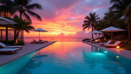 sunset view from a high end resort featuring an infinity pool