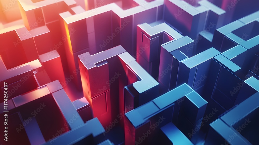 Poster a vibrant maze of interconnected blocks representing data pathways, showcasing a fusion of light and