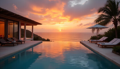 Obraz premium sunset view from a high end resort featuring an infinity pool