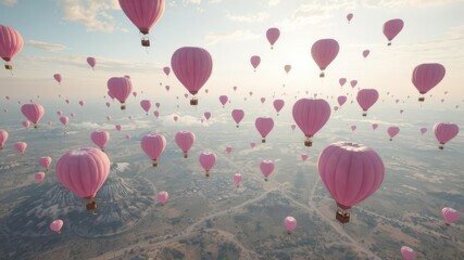 Obraz premium Pink and blue balloons soar against a breathtaking panoramic sky, balloons,bright,landscape