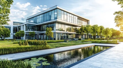 Fototapeta premium Modern Office Building with Landscaped Courtyard