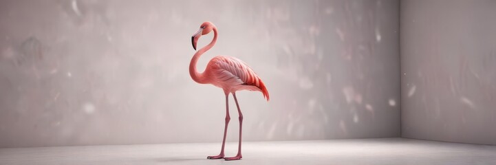 Fototapeta premium Pink flamingo standing alone in a studio with white background and spotlight , pink flamingo, still life