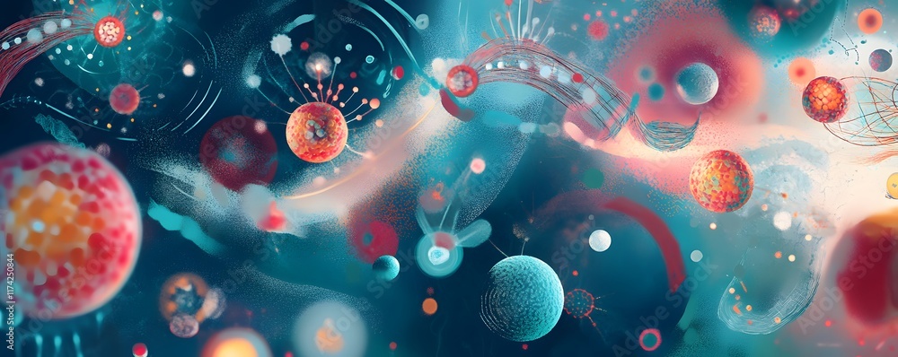 Poster an abstract representation of microscopic elements in a vibrant color palette, showcasing the intric