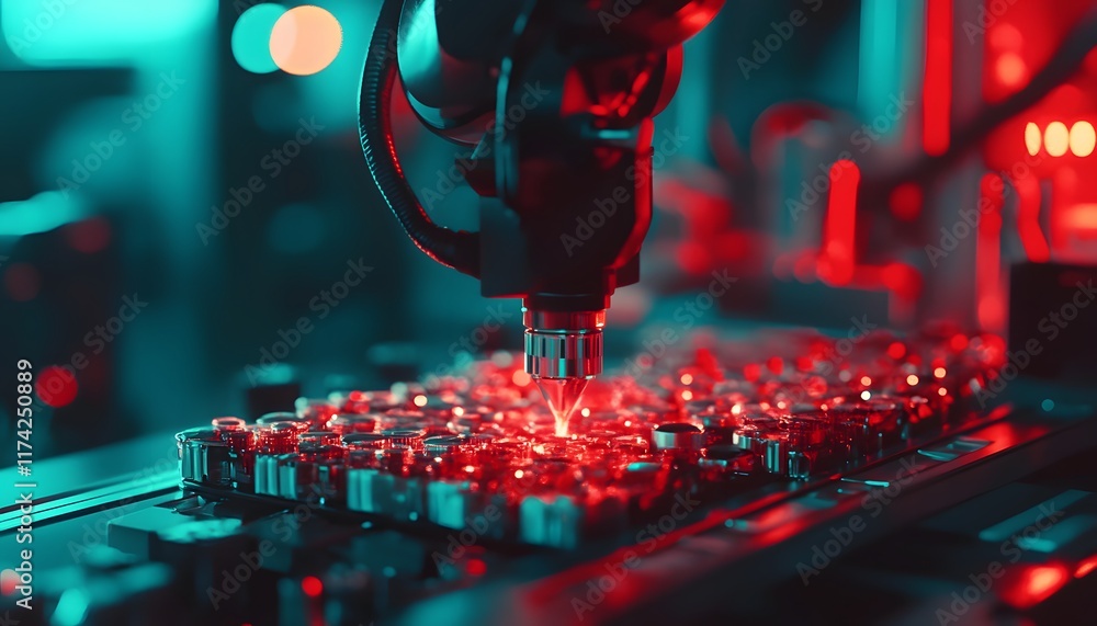 Poster an advanced robotic arm works on a circuit board in a high-tech environment. the scene showcases the