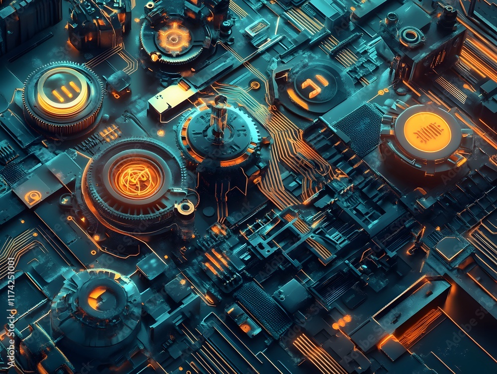 Poster an intricate close-up of a futuristic circuit board, showcasing vibrant orange and blue elements. th