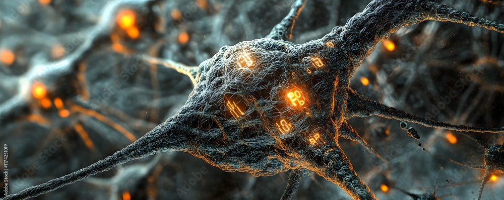 Poster An intricate visualization of a neuron, showcasing glowing connections. This image represents neural activity, symbolizing communication within the brain's complex network.