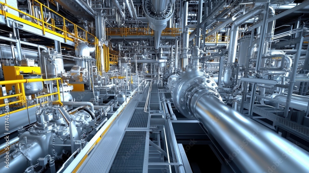 Poster complex network of industrial pipes and valves connecting within a modern refinery, showcasing advan
