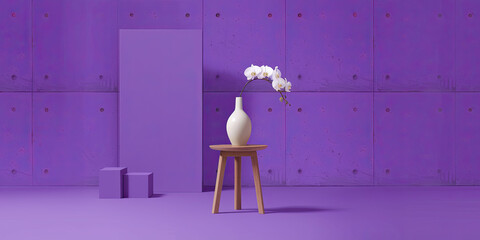 Naklejka premium Purple Room Interior Design with White Orchid in Vase on Wooden Stool Minimalist Decor