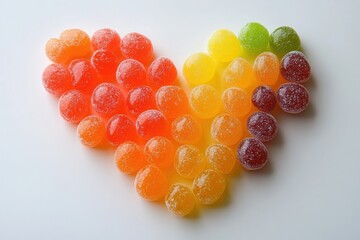 A heart shape made of various candies on white background,  colorful and vibrant colors,  bright and vivid, top view, close-up, minimalist style.
