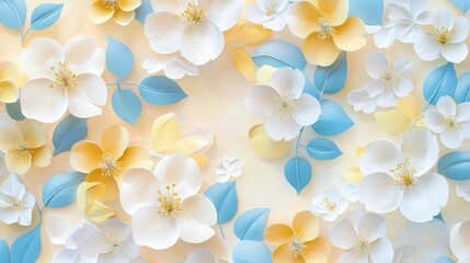 Fototapeta premium Seamless floral 3D pattern with white and yellow cherry blossoms, blue leaves, and a soft pastel background. 