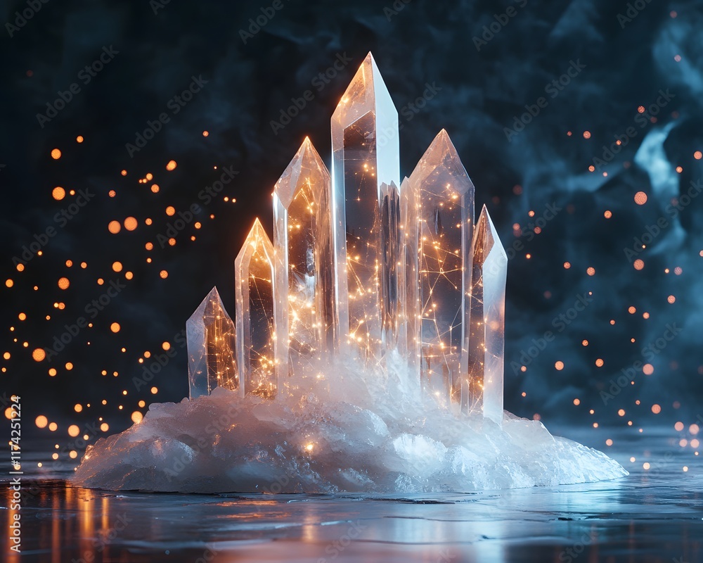 Poster elegant crystal formations shimmer with ethereal light, surrounded by soft mist and glowing particle