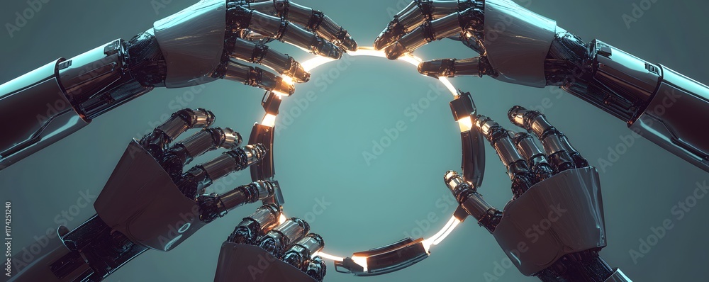 Poster futuristic robotic hands interact with a glowing circular object, symbolizing innovation and collabo