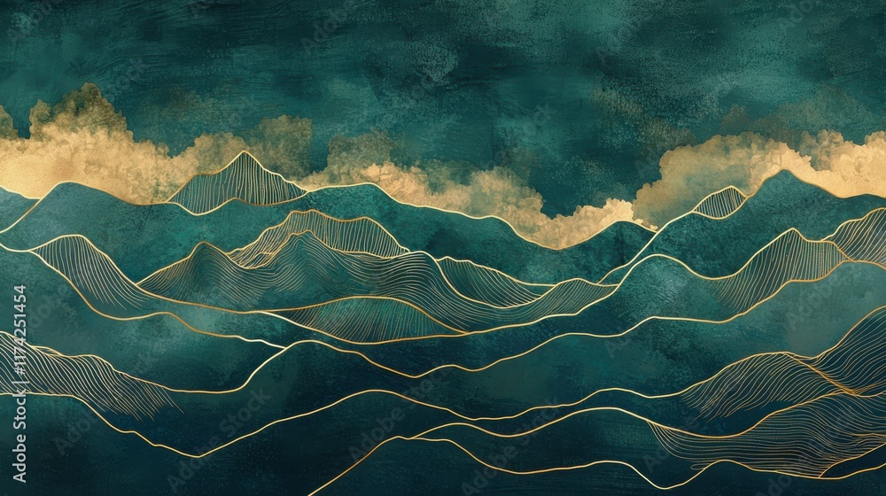 Poster simple gold mountain outlines with flowing lines and clouds on a deep emerald background for luxurio