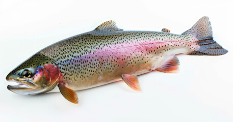 A fresh rainbow trout displayed on a white background.