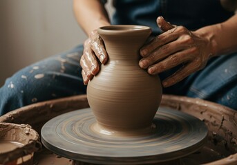 Potter Shaping Clay on a Pottery Wheel