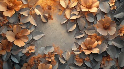 Spring and autumn floral blend with 3D blossoms and leaves in a seamless light-themed wallpaper 