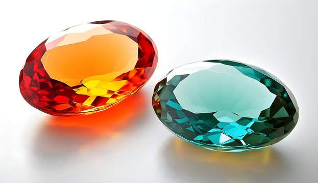 Two oval-cut red and green gems on a white background, one of which is a yellow-orange color. 