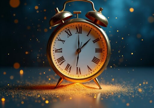 Vintage alarm clock glowing softly in a darkened room with sparks flying around