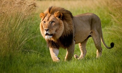 Naklejka premium 위엄한 사자사진 사냥을 준비하고 있다