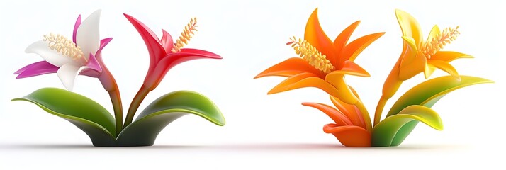 Two tropical flower arrangements, isolated on a white background, in a cartoon style, with a PNG cutout, 3D illustration, vibrant colors, high resolution, professional color grading, soft shadows, 