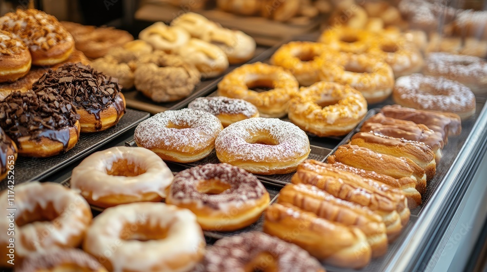 Poster assorted donuts and pastries displayed in a bakery shop showcase with various flavors and textures i