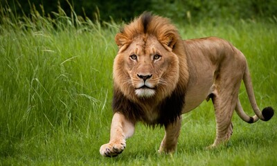 Obraz premium 위엄한 사자사진 사냥을 준비하고 있다