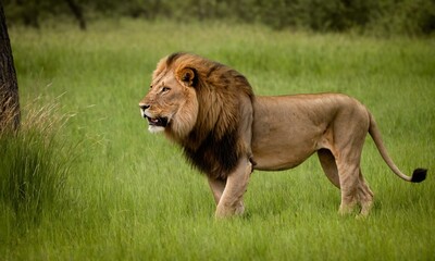 Obraz premium 위엄한 사자사진 사냥을 준비하고 있다