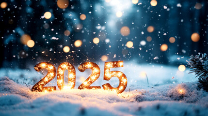 Glowing numbers representing the year 2025 shine brightly in a snowy forest, surrounded by gentle snowfall and soft bokeh lights