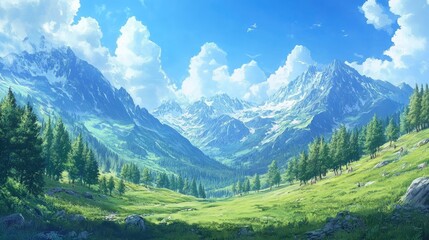 Fototapeta premium Majestic green mountains and vibrant forests beneath a clear blue sky in a serene natural landscape.