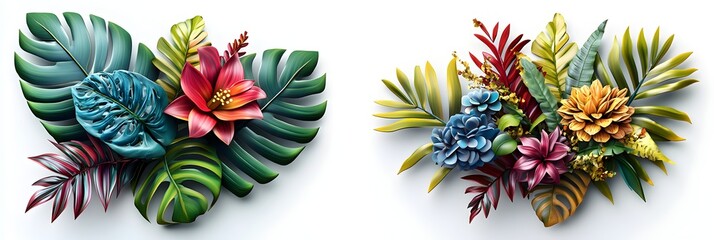 Two tropical flower arrangements, isolated on a white background, in a cartoon style, with a PNG cutout, 3D illustration, vibrant colors, high resolution, professional color grading, soft shadows, 