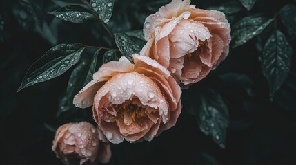 Soft pink peonies with dew drops on delicate petals against a dark backdrop showcasing elegance and simplicity in floral artistry