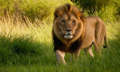 Naklejka premium 위엄한 사자사진 사냥을 준비하고 있다