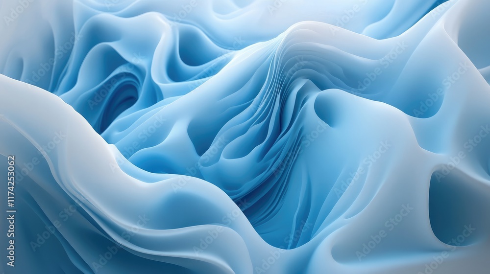 Poster soft flowing blue and white abstract waves creating a serene three-dimensional background texture fo