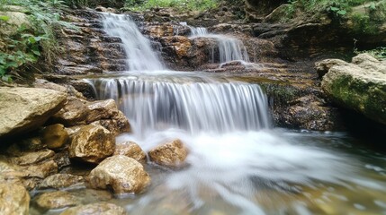 Serene waterfall cascading over rocky terrain in lush green surroundings on a tepui plateau.