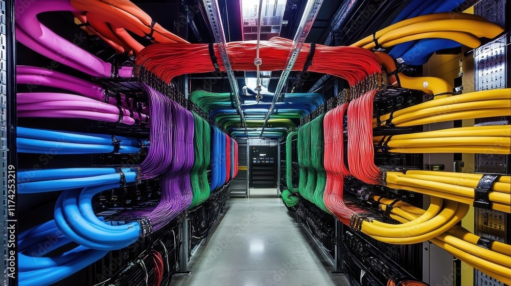 Poster perfectly organized and colorful network cables are creating a visually appealing pattern in a moder