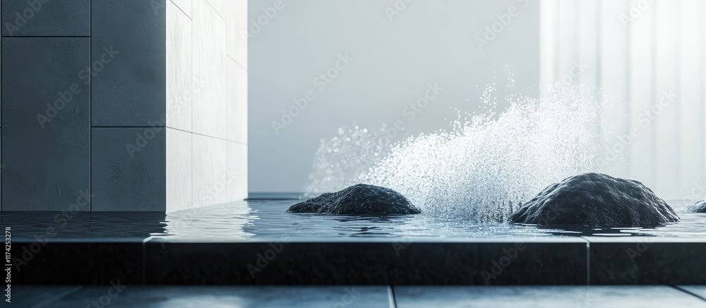 Poster modern minimalist 3d fountain with waves splashing over rocks featuring an elegant architectural des