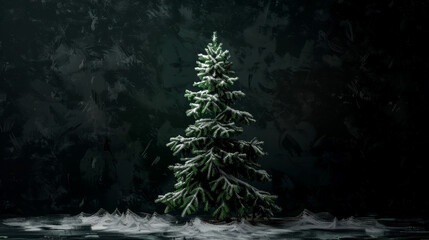 A beautifully adorned new year tree stands tall against a dark backdrop, featuring delicate snow accents that enhance its festive charm