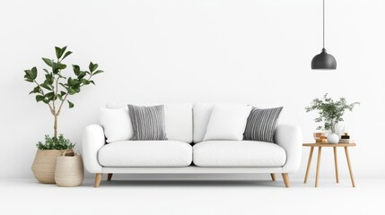 Modern minimalist living room with white sofa, plants, and wooden side table.
