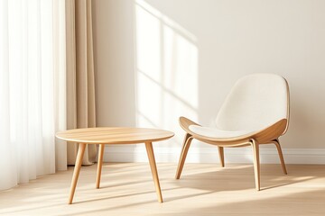 Mid Century Scandinavian Living Room with Wooden Coffee Table and Armchair