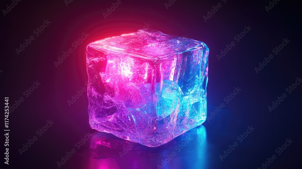 Poster 3d ice cube glowing with neon lights on dark reflective surface creating a mystical atmosphere