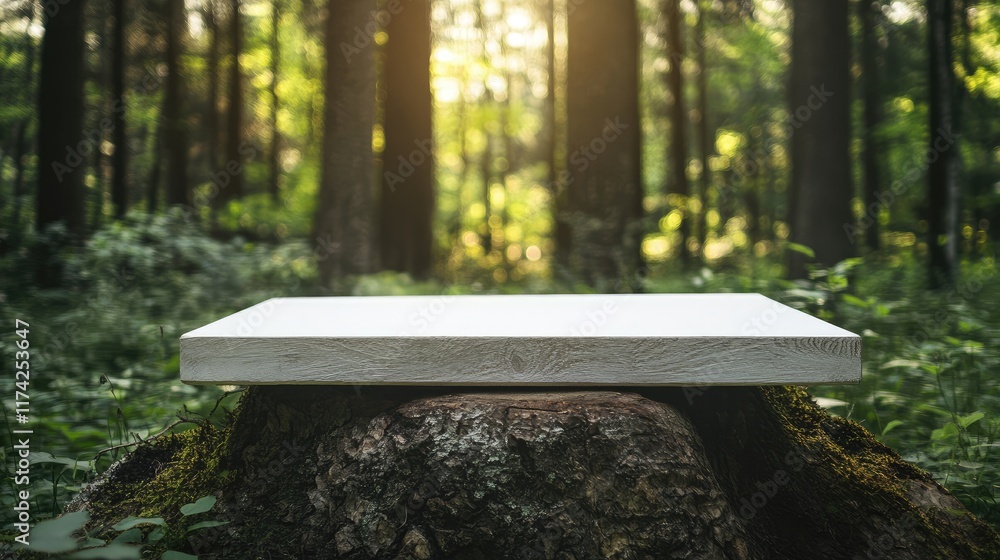 Aufkleber blank white wooden table display in green forest natural setting for product showcase and text place
