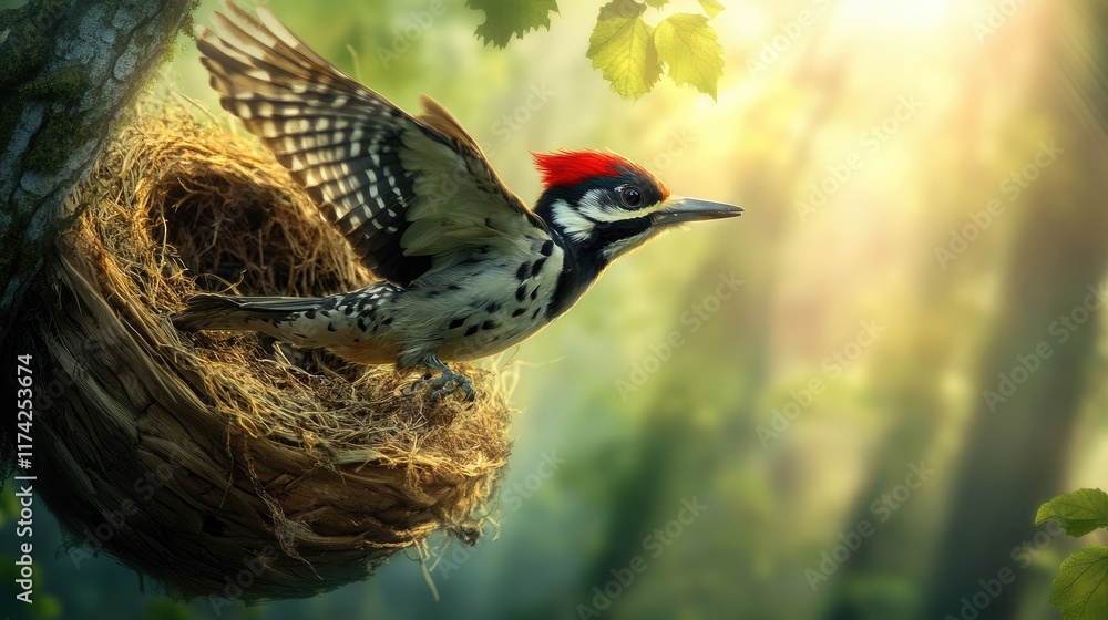 Poster woodpecker gracefully flying towards its nest in a serene forest setting with soft sunlight filterin