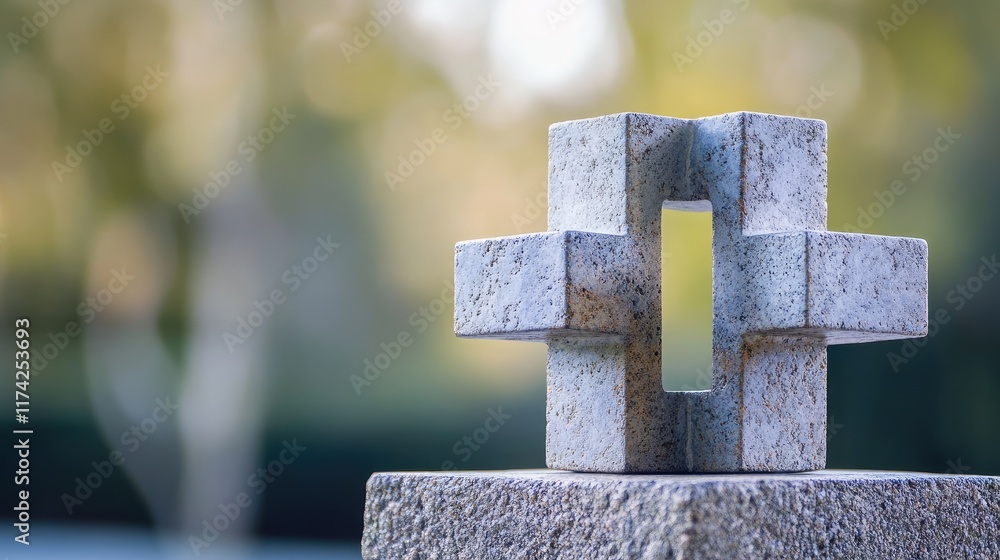 Poster three-dimensional abstract cube sculpture with four square faces on a blurred natural background